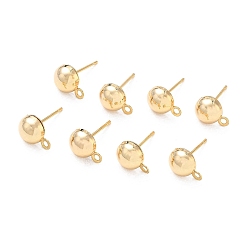 Real 18K Gold Plated SHEGRACE Brass Stud Earring Findings, Half Round, with Loop, Cadmium Free & Nickel Free & Lead Free, Long-Lasting Plated, Real 18K Gold Plated, 10.5x8mm, Hole: 1.4mm, Pin: 1mm