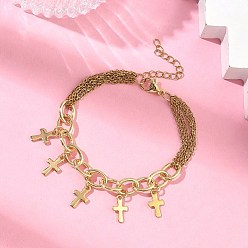 Настоящее золото 18K 304 из нержавеющей стали шарм браслеты, браслеты-цепочки из латуни для женщин, крестик, реальный 18 k позолоченный, 7.01 дюйм (17.8 см)