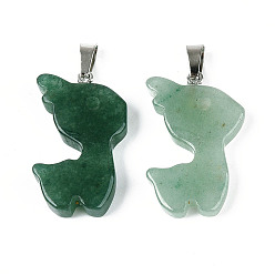 Зеленый Авантюрин Естественный зеленый авантюрин подвески, подвески в виде рождественских оленей с дужками из нержавеющей стали, цвет нержавеющей стали, 33x22x6~7 мм, отверстие : 3~4x7.5~8 мм
