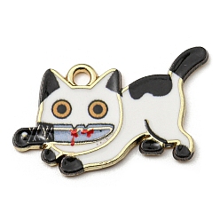 (404) Непрозрачное AB Кислое яблоко Печатные подвески сплава, с эмалью, золотые, без кадмия, без никеля и без свинца, подвески в форме кота в форме ножа, цветочный белый, 17x29x1.5 мм, отверстие : 2 мм