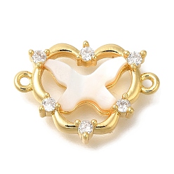 Настоящее золото 18K Звенья из латуни с прозрачным кубическим цирконием в форме сердца, подвески-соединители в виде бабочек из натуральной ракушки, без кадмия, без никеля и без свинца, реальный 18 k позолоченный, 14.5x20.5x3.5 мм, отверстие : 1.2 мм