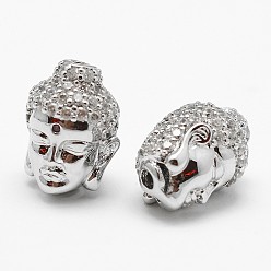 Платинированный Латунные микро проложить класса AAA кубического циркония бусы, Голова Будды, без кадмия, без никеля и без свинца, Реальная платина, 13.5x11.5x10 мм, отверстие : 2 мм