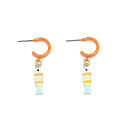 Naranja Oscura Pendientes colgantes de aleación de zinc esmaltados para mujer, pescado, pendientes de medio aro, Platino, naranja oscuro, 35x15 mm