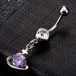 Lila Piercing-Schmuck, umweltfreundlicher Nabelring aus Zirkonoxid aus Messing, Bauchringe, mit 304 Edelstahlleiste, Planet, Platin Farbe, lila, 39x12 mm, Stange: 15 Spurweite(1.5mm), Stangenlänge: 3/8"(10mm)