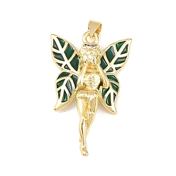 Зеленый Латунные микро проложить кубического циркония подвески, амулеты ангелов и фей, с эмалью, долговечный, стойки покрытие, без свинца и без кадмия, реальный 18 k позолоченный, зелёные, 34.5x22x7 мм, отверстие : 4x3.5 мм