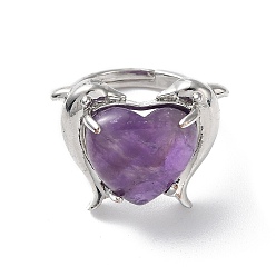 Аметист Регулируемые кольца с натуральным аметистом в виде дельфина и сердца, долговечный, внутренний диаметр: 18 мм