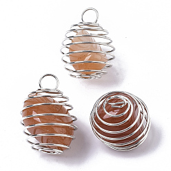 Красный Авантюрин Железные спиральные подвески для бусин, с бусинами из натурального авантюрина красного цвета внутри, круглые, платина, 21x24~26 мм, отверстие : 5 мм