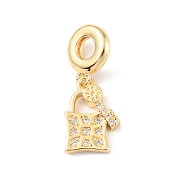 Clear Brass Micro Pave Cubic Zirconia European Dangle Charms, Large Hole Pendants, Long-Lasting Plated, Real 18K Gold Plated, Cadmium Free & Lead Free, Lock & Key, Clear, 27mm, Hole: 4.5mm, Lock & Key: 16x11x2.5mm