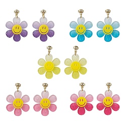 Mixed Color Sunflower with Smiling Acrylic Dangle Stud Earrings, Mixed Color, 38x27mm