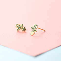 Кактус Серьги-гвоздики из латунного микро-паве, золотые, кактус, 6 мм