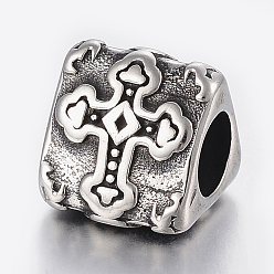 Antique Silver 304 Stainless Steel Beads, Large Hole Beads, Triangular Prism with Cross, Antique Silver, 12x11x10mm, Hole: 5.5mm