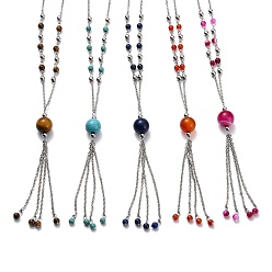 Смешанные камни 304 подвесные из нержавеющей стали ожерелья, с тросовыми цепями и круглыми бусинами из натуральных и синтетических драгоценных камней, цвет нержавеющей стали, 13.97 дюйм (35.5 см)