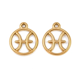Pisces 304 Stainless Steel Pendants, Round with Twelve Zodiac Signs Charms, Ion Plating(IP), Cut-Out, Golden, Pisces, 19x15.5x2mm, Hole: 1.5mm