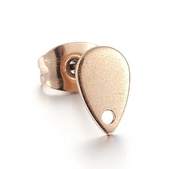 Розовое Золото Ионное покрытие (ip) 304 детали серьги-гвоздики из нержавеющей стали, с плоской пластиной, слеза, розовое золото , 8x5x0.6 мм, отверстие : 1.2 мм, штифты : 0.7 мм