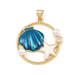 Синий Кулоны с фианитами из латуни, с пластмассовой жемчужиной abs, кольцо с подвесками в форме ракушек, реальный 18 k позолоченный, без свинца и без кадмия, долговечный, стойки покрытие, синие, 26.5x25x5.5 мм, отверстие : 5.5x3 мм