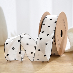 Flower 10 Yards Printed Polyester Chiffon Ribbons, Garment Accessories, Gift Packaging, Black, Flower, 1-5/8 inch(40mm), 10 Yards/Roll