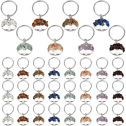 Mixed Stone 32 Pcs 8 Colors Natural Gemstone Tree of Life Keychains, with Alloy Pendant and Iron Rings, Platinum, 50mm