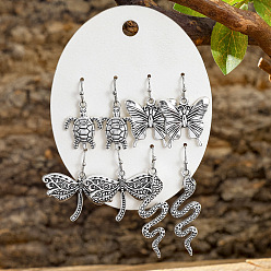 Античное Серебро 4 Парные серьги-подвески из цинкового сплава, змея, бабочка, черепаха и стрекоза, античное серебро, 23~50x14~32 мм