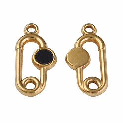 Golden 304 Stainless Steel Pendants, with Dyed Black Shell, Oval, Golden, 20x10x2mm, Hole: 1.6mm