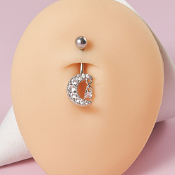 Луна 304 кольца для пупка из нержавеющей стали с кристаллами и стразами, цвет нержавеющей стали, луна, длина стержня: 3/8"(10мм), штифты : 1.6 мм