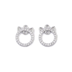 Real Platinum Plated Brass Micro Pave Clear Cubic Zirconia Connector Charms, Hollow Cat Links, Cadmium Free & Nickel Free & Lead Free, Real Platinum Plated, 10x8x1.4mm, Hole: 0.8mm