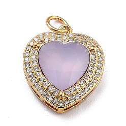 Lilac Eco-Friendly Brass Micro Pave Cubic Zirconia Pendants, with Faceted Glass & Jump Ring, Golden, Long-Lasting Plated, Heart, Lilac, 19x16.5x6.5mm, Jump Ring: 5x0.7mm, Inner Diameter: 3.6mm
