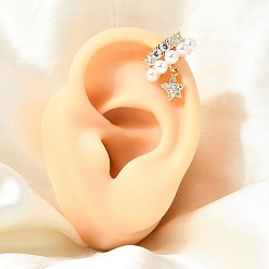 Clear Brass Micro Pave Cubic Zirconia Cuff Earrings, Star, with ABS Plastic Pearl for Women, Rack Plating, Long-Lasting Plated, Cadmium Free & Lead Free, Real 18K Gold Plated, Clear, 18x18x16mm