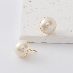 White 304 Stainless Steel Freshwater Pearl Round Stud Earrings for Women, Golden, White, 15mm