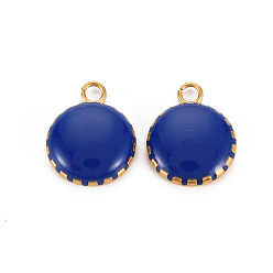 Dark Blue 304 Stainless Steel Enamel Charms, Ion Plating(IP), Golden, Flat Round, Dark Blue, 13.5x10.5x3mm, Hole: 1.6mm
