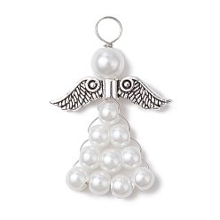 Белый Подвески из перламутровых стеклянных бусин, ангельские прелести, с крыльями из сплава и медной проволокой, белые, 32.5x22.5x6 мм, отверстие : 4 мм