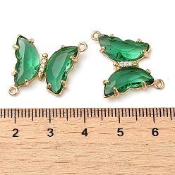 Medium Sea Green Brass Pave Faceted Glass Connector Charms, Golden Tone Butterfly Links, Medium Sea Green, 20x22x5mm, Hole: 1.2mm