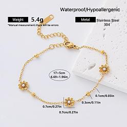 Flower 304 Stainless Steel Resin Link Bracelets, Golden, White, Flower, 6.69 inch(17cm)