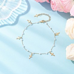 Cross Женские браслеты на ногу с круглыми бусинами из искусственного жемчуга и цепочкой из нержавеющей стали с кисточками, белые, золотые, крестик, 304 дюйм (9-3/8 мм)