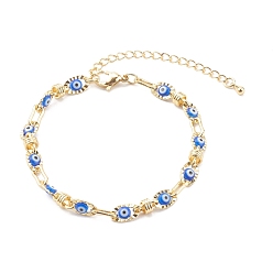 Dodger Blue Golden Plated Brass Link Chains Bracelets, with Evil Eye Glass Beads, Dodger Blue, 7-1/8 inch(18cm)