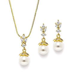 Золотой Ожерелье с подвеской и серьгой-гвоздиком из круглой латуни с прозрачным кубическим цирконием и пластиковым жемчугом, золотые, 400 мм