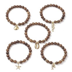 Золотой Тема океана 304 браслеты с подвесками из нержавеющей стали, Женские эластичные браслеты из круглого дерева венге диаметром 8 мм с бусинами, морская звезда/дельфин/форма ракушки/морской конек, золотые, внутренний диаметр: 2 дюйм (5.1 см)