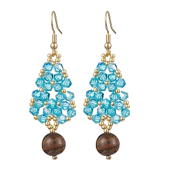 Темно-Голубой Натуральный тигровый глаз мотаться, стеклянные серьги из семян деревьев, 304 серьги-крючки из нержавеющей стали для женщин, золотые, глубокое синее небо, 70x19.5 мм