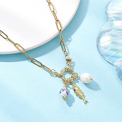 Золотой Женские ожерелья с подвесками в виде рыбок и искусственного жемчуга из белого и синего фарфора и нержавеющей стали, золотые, 304 дюйм (18.31 см)