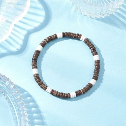 Кокосово-Коричневый Мужские браслеты из натуральных плоских круглых бусин кокоса и белой скорлупы, кокосового коричневый, внутренний диаметр: 2-1/2 дюйм (6.5 см)