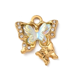 Небесно-голубой 304 Подвески из нержавеющей стали со стразами и акрилом, бабочки прелести, золотые, голубой, 20.5x16.5x3.5 мм, отверстие : 2.5 мм