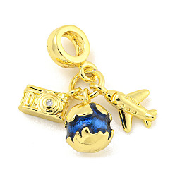 Настоящее золото 18K Стеллажное покрытие латунь проложить прозрачный кубический цирконий европейские подвески с подвесками, Подвески с большими отверстиями в виде самолета, камеры и земли, с эмалью, без кадмия и без свинца, долговечный, реальный 18 k позолоченный, 24 мм, Кулон : 4.5~11.5x7~7.5x2~7.5 мм, отверстие : 4 мм