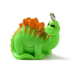 Лайм Непрозрачные подвески смолы, Подвески в виде динозавров с железными петлями с платиновым покрытием, желто-зеленые, 22.5x25x12 мм, отверстие : 1.4 мм