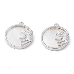 Real Platinum Plated Rack Plating Brass Shell Pendants, Cadmium Free & Nickel Free & Lead Free, with Cubic Zirconia, Long-Lasting Plated, Flat Round with Sun Charms, Real Platinum Plated, 17x15x2.5mm, Hole: 1.2mm