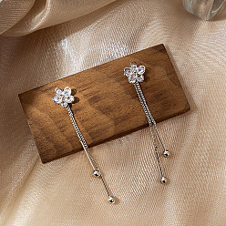 Platinum Brass with Rhinestone Stud Earrings for Women, Flower with Tassel, Platinum, 50mm
