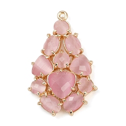 Бледно-Розовый Подвески из латунной кошки, слеза, без свинца и без кадмия, долговечный, стойки покрытие, реальный 18 k позолоченный, граненые, розовый жемчуг, 33x21x6 мм, отверстие : 1.2 мм