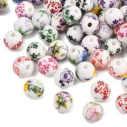Mixed Color Printed Floral Printed Porcelain Beads, Flower Patterned Ceramic Round Beads with Flower Pattern, Mixed Color, 8.5x7.5mm, Hole: 2~2.4mm