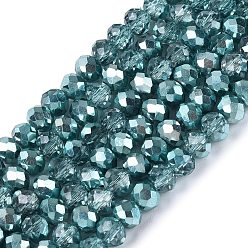 Кадет Синий Прозрачные стеклянные бусины гальваническим пряди, рондель, со серебряным покрытием, с половиным покрытием, окрашенная и подогревом, граненые, кадетский синий, 4~4.5x3.5~4 мм, отверстие : 0.8~0.9 мм, около 111~115 шт / нитка, 15.75~16.34 дюйм (40~41.5 см)