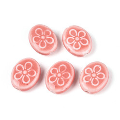 Индийский Красный Ручной фарфоровые керамические шарики, овальная с цветочным узором, яркие глазированный фарфор, Индийская красная, 17.5x14x6 мм, отверстие : 2 мм