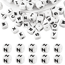 Letter N 20шт. белые кубические силиконовые бусины в форме букв, Бусины в виде букв алфавита для изготовления браслетов и ожерелий., фокусные бусы, Письмо N, 12x12x12x12 мм, отверстие : 2 мм