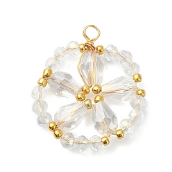 Clear Cooper Wire Wrapped Electroplate Glass Pendants, Flower Charm, Faceted, Light Gold, Clear, 28.5x24x6mm, Hole: 2.4mm